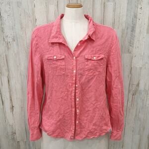 Horny Toad Pink Button Up Womens Tab Sleeve Airbrush Shirt L Organic Cotton